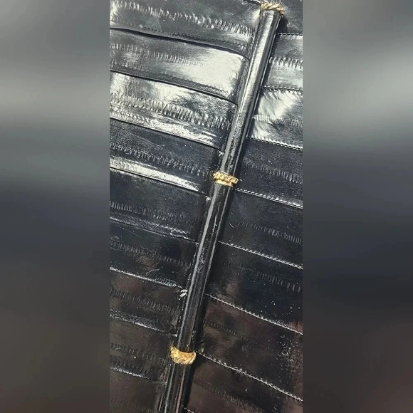 Vintage Eel Skin Black Elegant Exotic Envelope Clutch Crossbody Gold Hardware - Picture 5 of 16